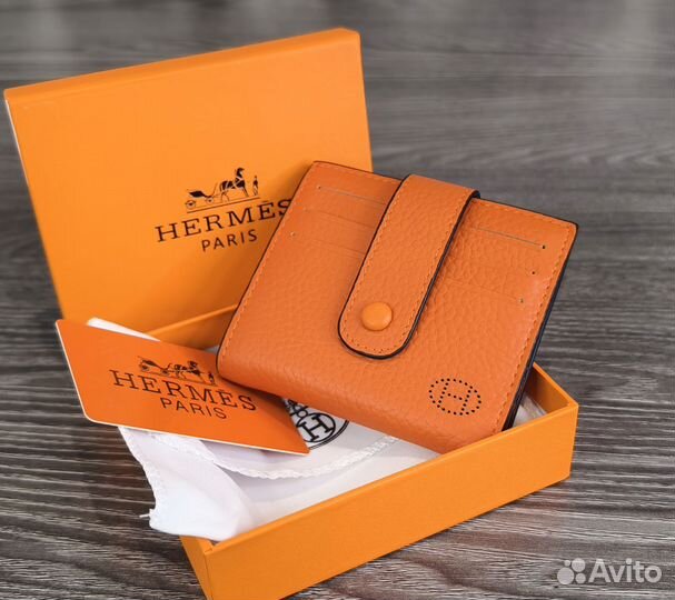 Кожаный кошелек кардхолдер Hermes orange новый lux