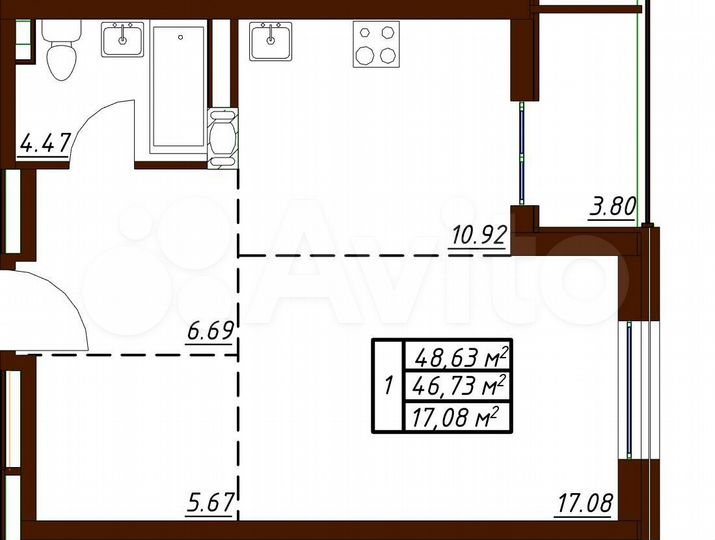 1-к. квартира, 48,6 м², 11/19 эт.