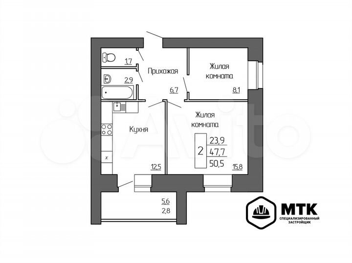 2-к. квартира, 50,5 м², 6/8 эт.
