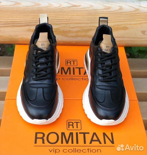 Кроссовки Romitan черные белые мужские кожаные