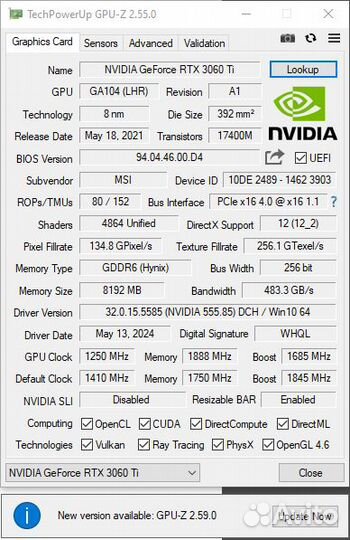 Видеокарта rtx 3060ti msi trio (версия LHR)