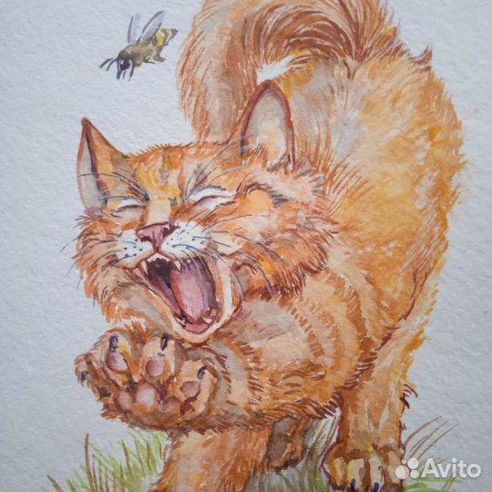 Акварель Рыжий кот Обормот