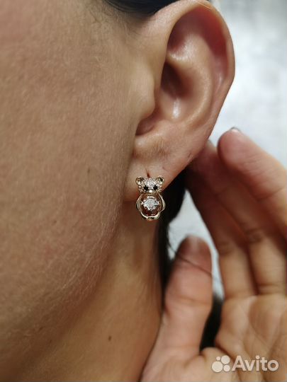 Серьги мишки с танцующим цирконом