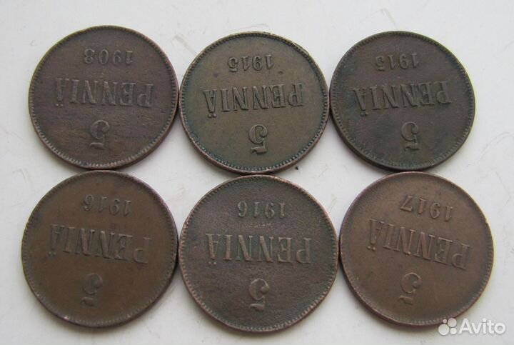 5 пенни Финнляндия 1908, 1915, 1916, 1917. 6 шт