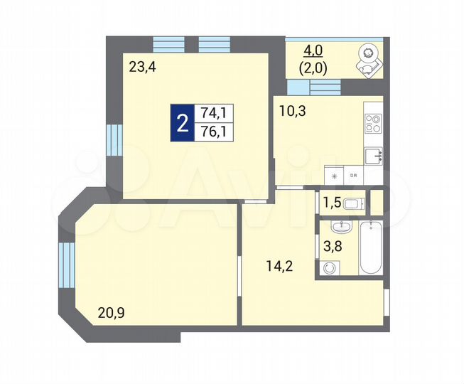 2-к. квартира, 75,7 м², 8/12 эт.