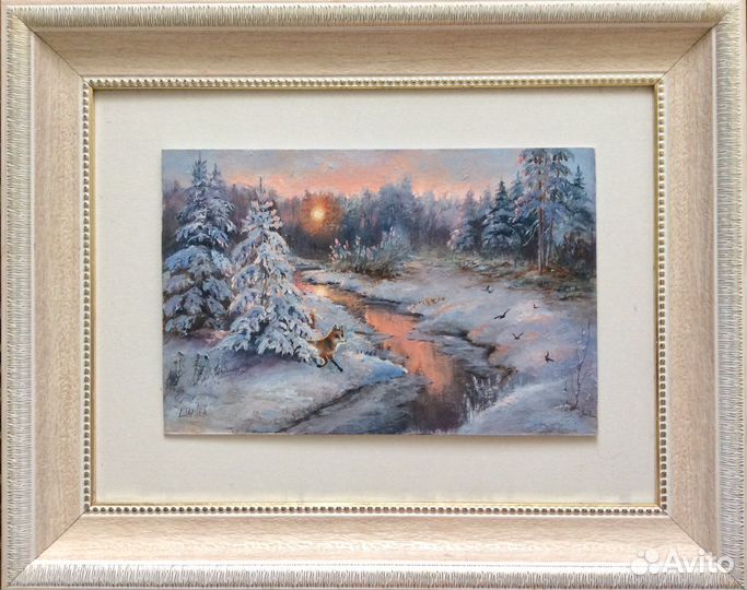 Картина маслом Спугнула, зимний пейзаж