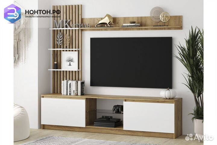 Стенка Бостон дуб крафт золотой / белый глянец