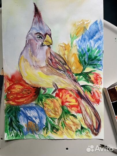 Картина Птица в цветах, акварель А4