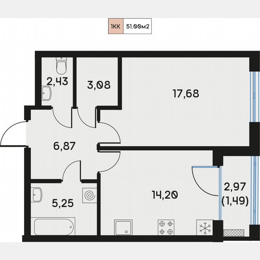 1-к. квартира, 51,2 м², 2/9 эт.
