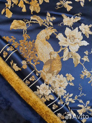 Ткань жаккард Попугаи на синем