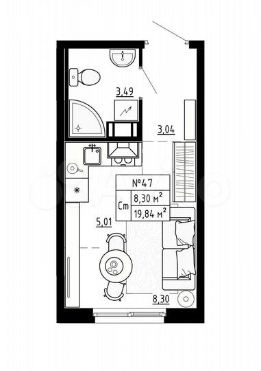 Квартира-студия, 19,8 м², 2/4 эт.