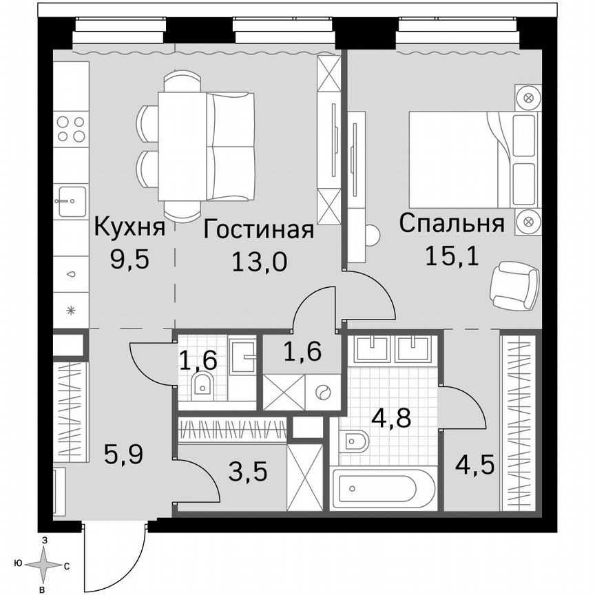 1-к. квартира, 59,5 м², 38/49 эт.