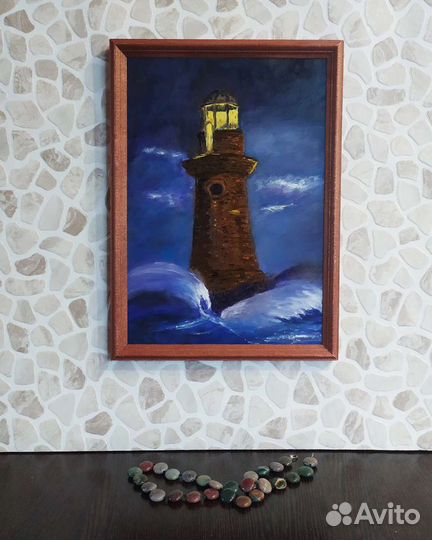 Маяк в шторме. Картина маслом, картон 20х30 см