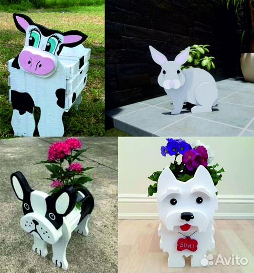 Ящик деревянный для цветов, фигуры садовые