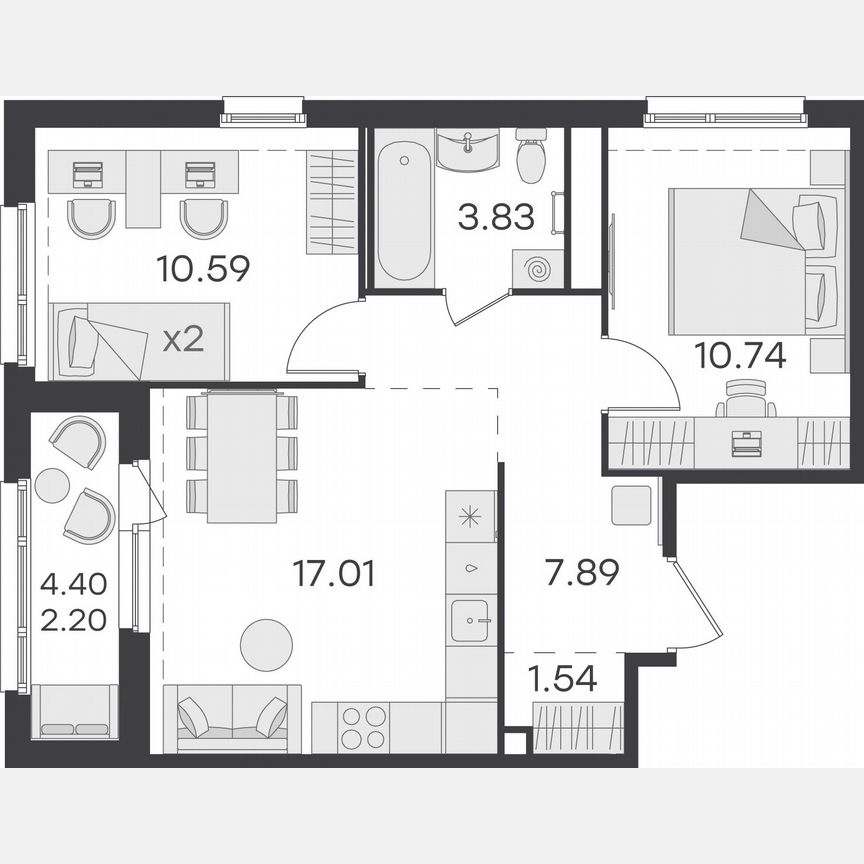 2-к. квартира, 53,8 м², 12/15 эт.