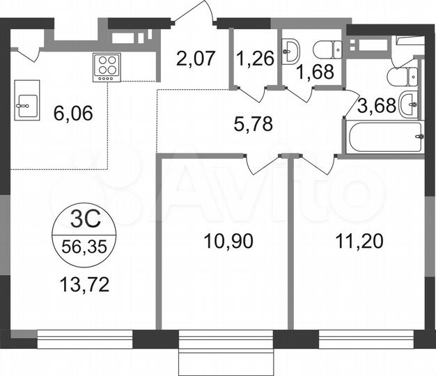 3-к. квартира, 56,4 м², 22/22 эт.