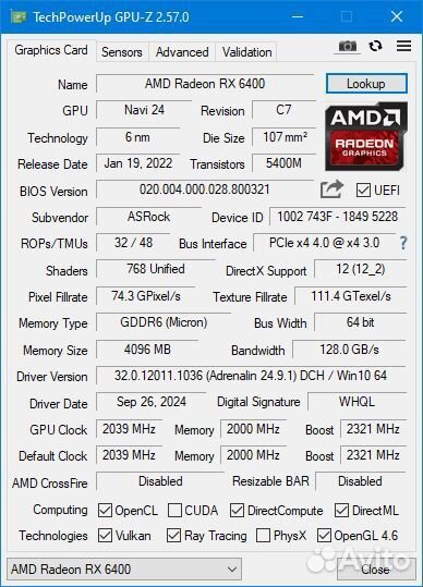 RX 6400 Asrock Challenger 4GB Игровая видеокарта