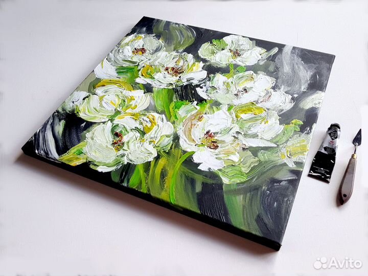 Текстурная картина Цветы Белые Пионы 50 на 50 см