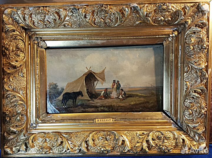 Картина.19 век.Индейцы у костра.Жанровая.Живопись