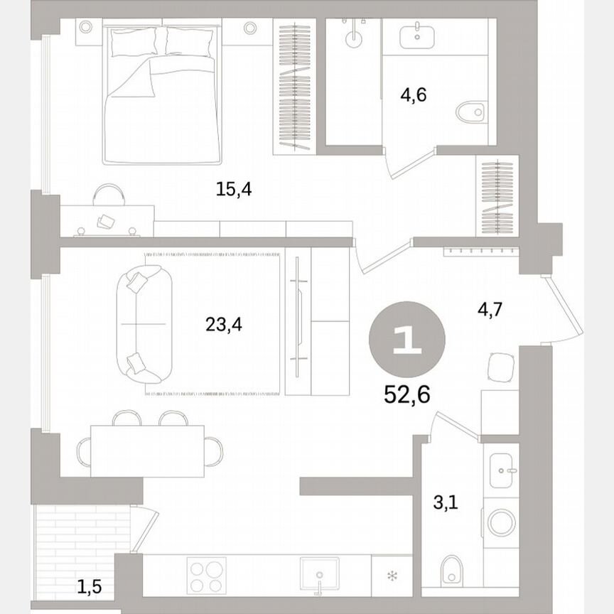1-к. квартира, 52,2 м², 8/15 эт.