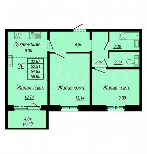3-к. квартира, 57 м², 4/11 эт.