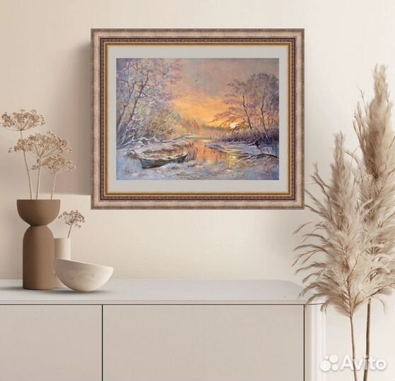 Картина маслом Морозное утро, зимний пейзаж