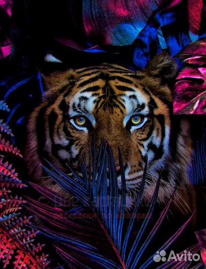 Картина по номерам 40x50 Тигр в красно-синих листь