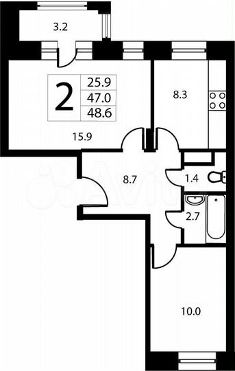 2-к. квартира, 48,6 м², 2/9 эт.