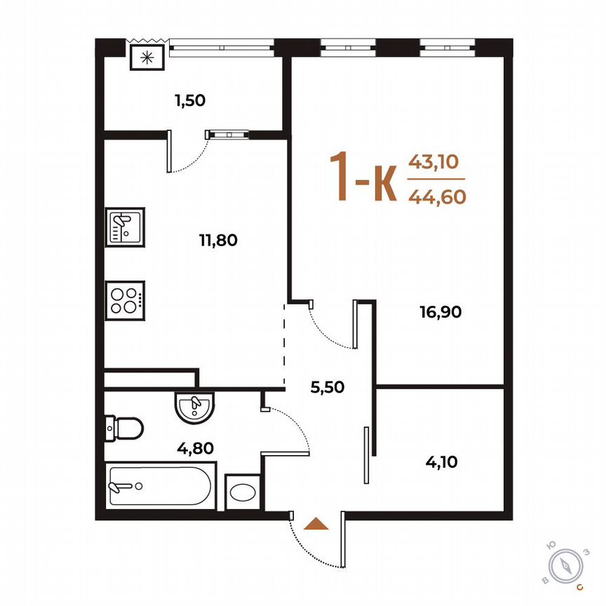 1-к. квартира, 44,6 м², 6/8 эт.