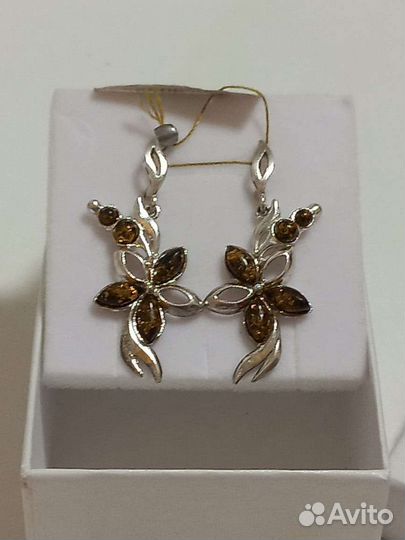 Серебряные серьги с янтарём, 925. Новые