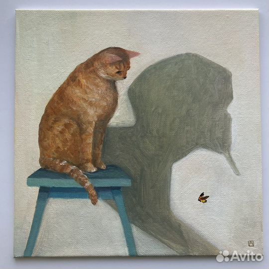 Мини картина маслом рыжий кот сфинкс бабочка