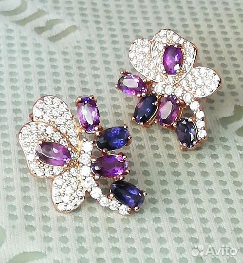 Серьги серебро аметист, иолит С319