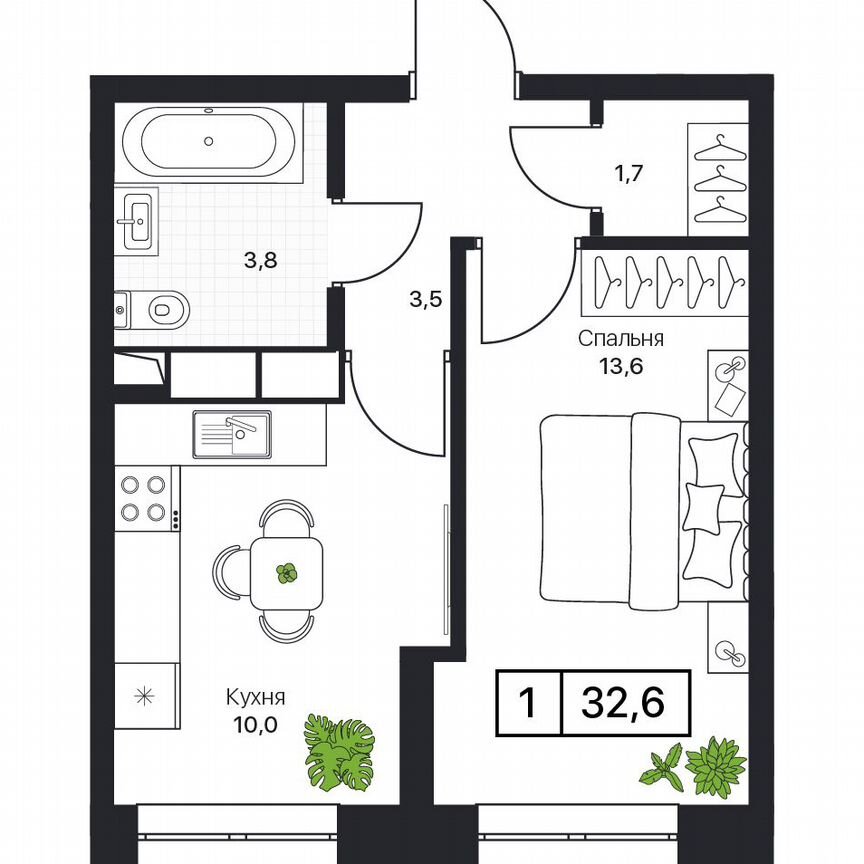 1-к. квартира, 32,6 м², 6/17 эт.