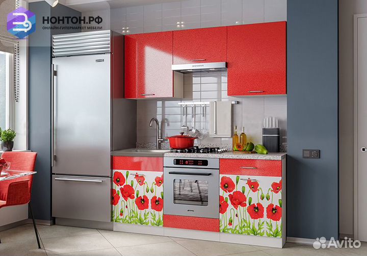 Кухня Маки красные 1.6 м белый глянец / красный ме