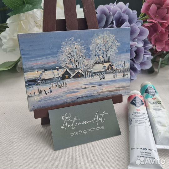 Картина маслом пейзаж зимний миниатюра деревня