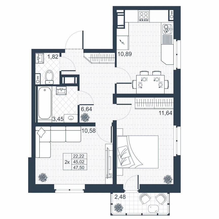 2-к. квартира, 45,8 м², 2/8 эт.