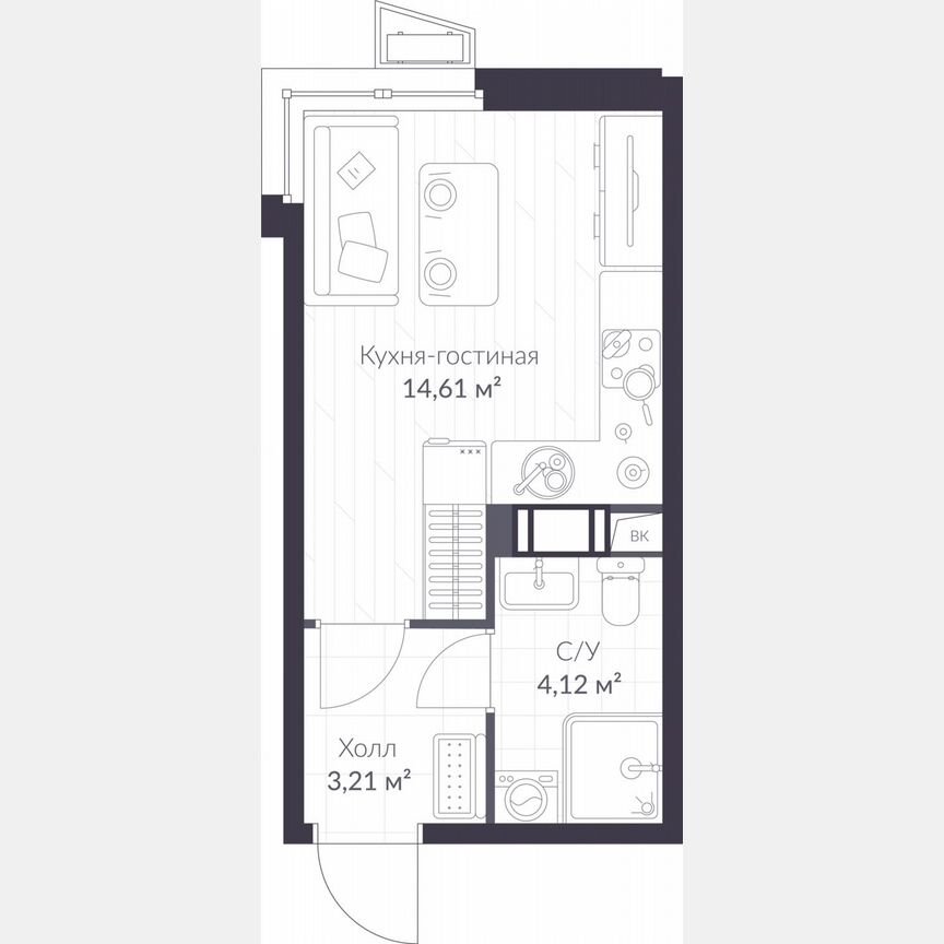 Квартира-студия, 21,9 м², 3/11 эт.