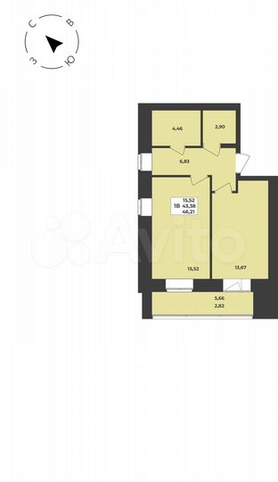 1-к. квартира, 46,2 м², 6/8 эт.