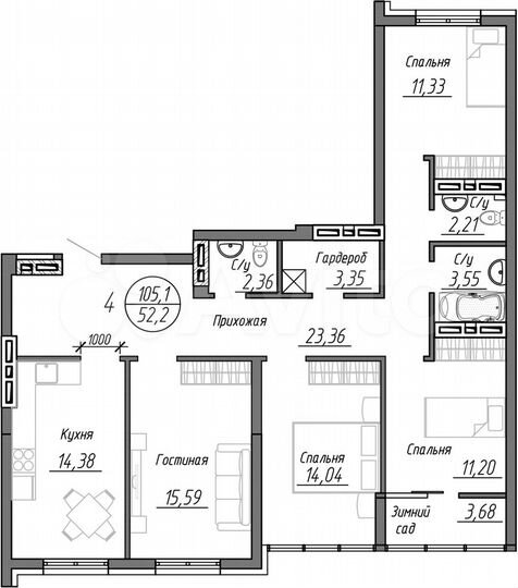 4-к. квартира, 105,1 м², 13/25 эт.