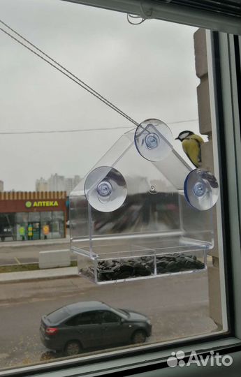 Прозрачная кормушка на окно с выдвижным контейнеро