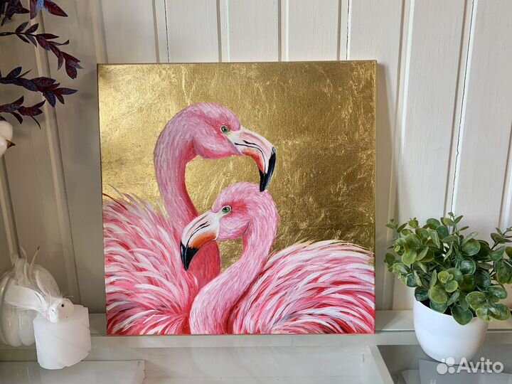 Фламинго Картина акрилом с поталью 40 на 40 см