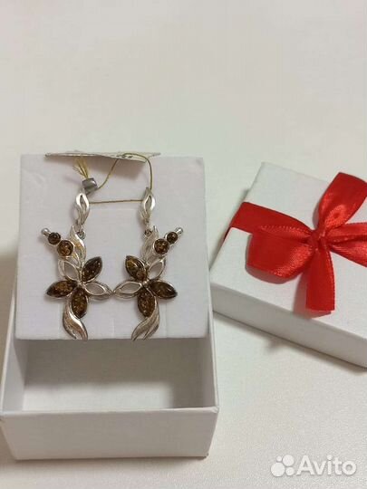 Серебряные серьги с янтарём, 925. Новые