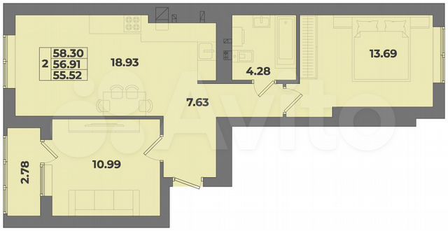 2-к. квартира, 58,3 м², 6/10 эт.