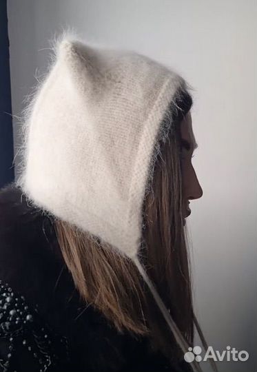 Шапка чепчик с ушками ангора шерсть