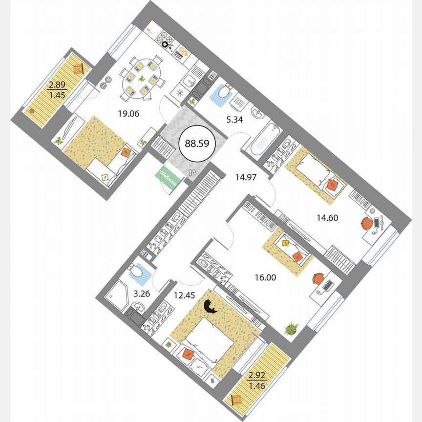 3-к. квартира, 88,6 м², 4/12 эт.