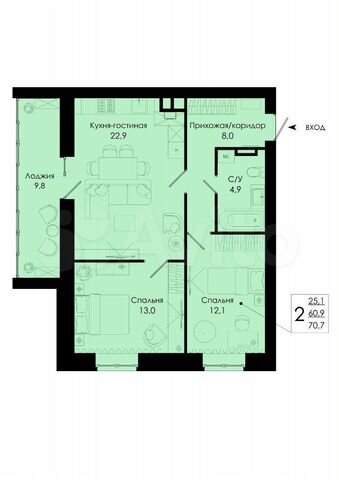 2-к. квартира, 70,7 м², 9/10 эт.