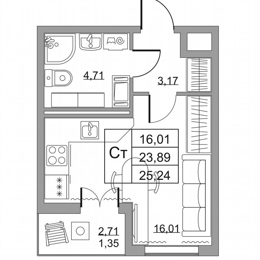 Квартира-студия, 25,2 м², 11/19 эт.