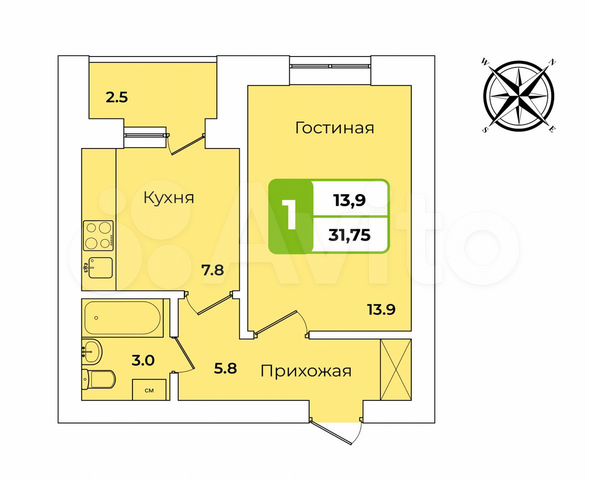 1-к. квартира, 31,8 м², 4/5 эт.