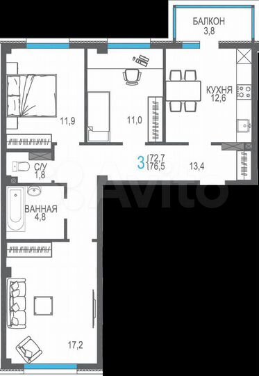 3-к. квартира, 76,5 м², 8/9 эт.