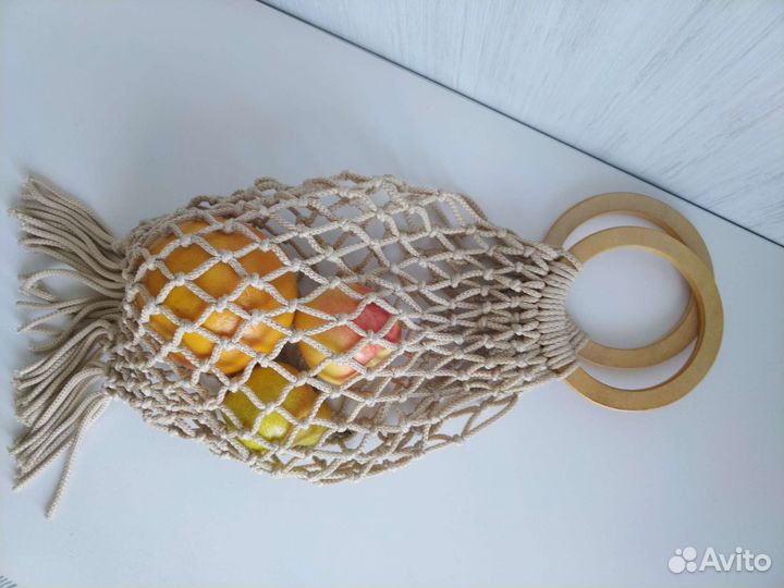 Авоська макраме с деревянными и ручками кольцами